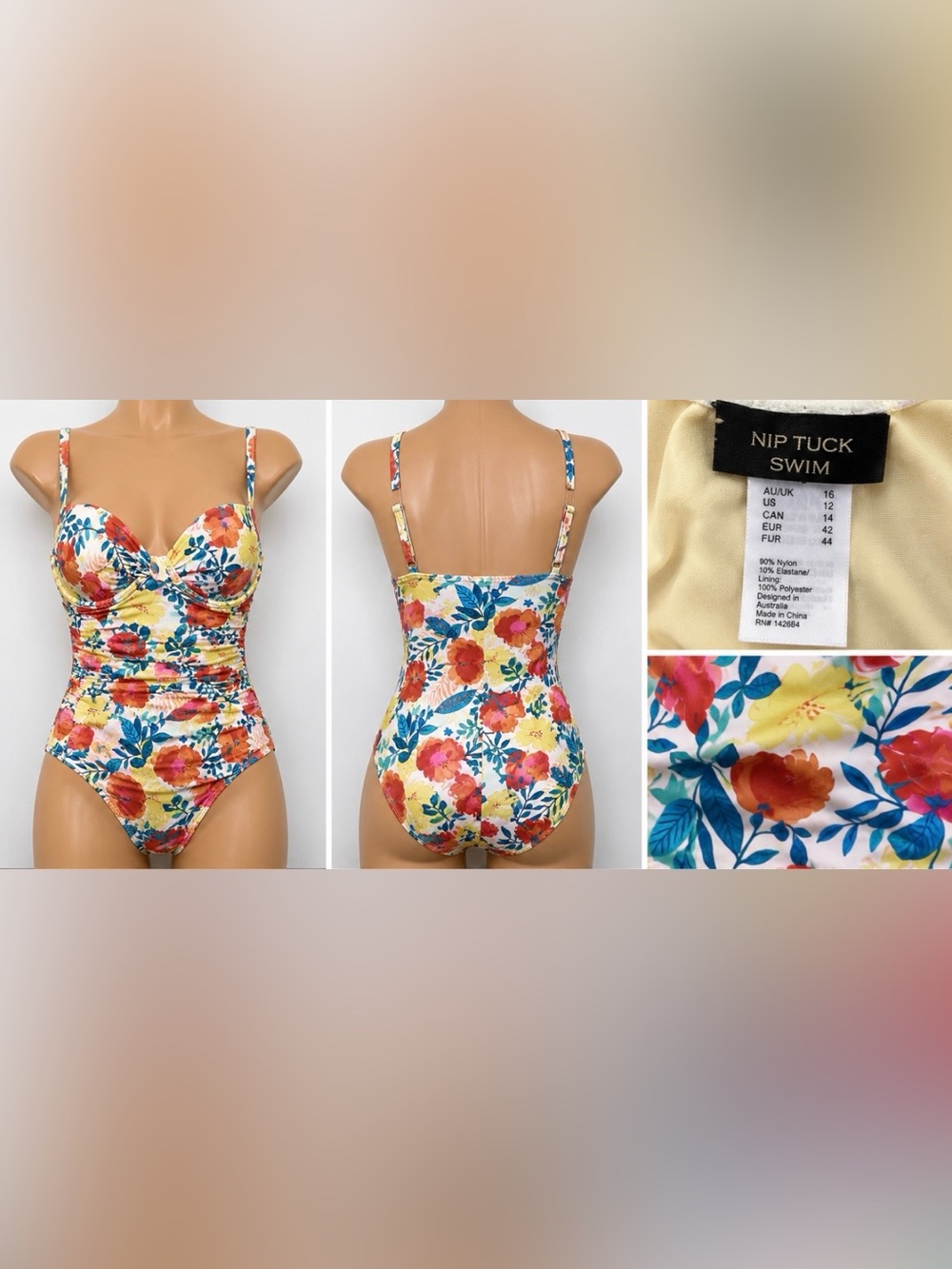 Nip Tuck Swim Yellow Floral Ruched One-Piece Swimsuit with Adjustable Straps